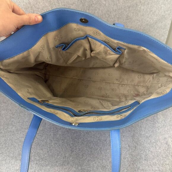 Tory Burch Blue Leather Tote Bag Perforated Details Gold Logo  Shopper Tote - Picture 10 of 15